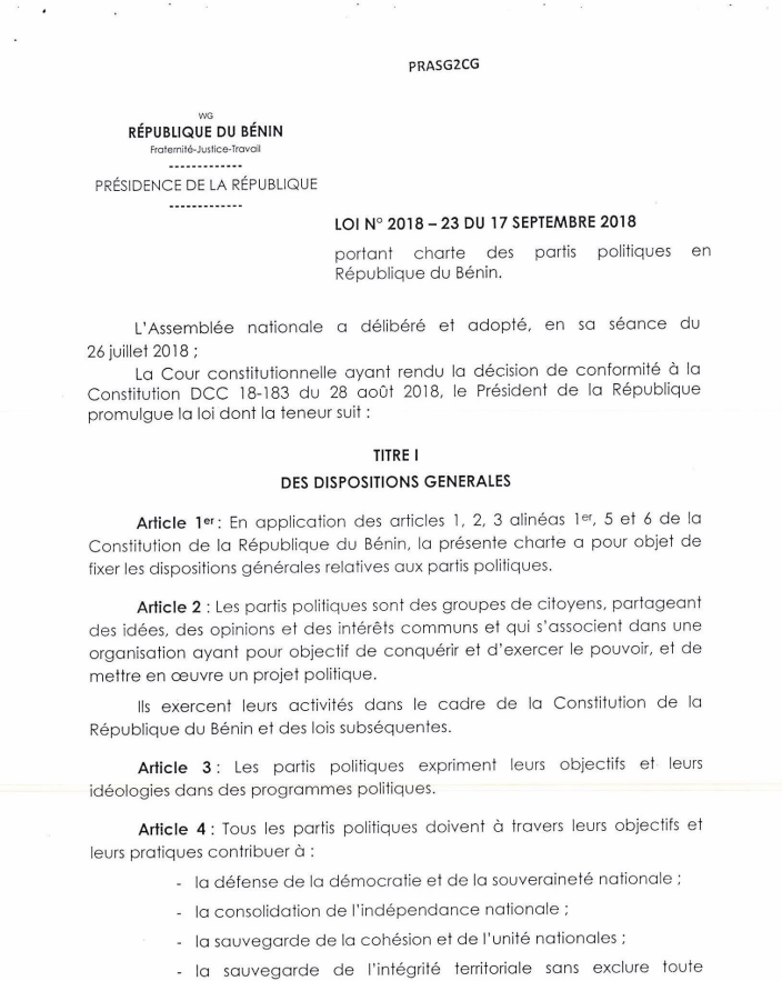 Loi 2018-23 du 17 septembre 2018 portant charte des partis politiques au Bénin
