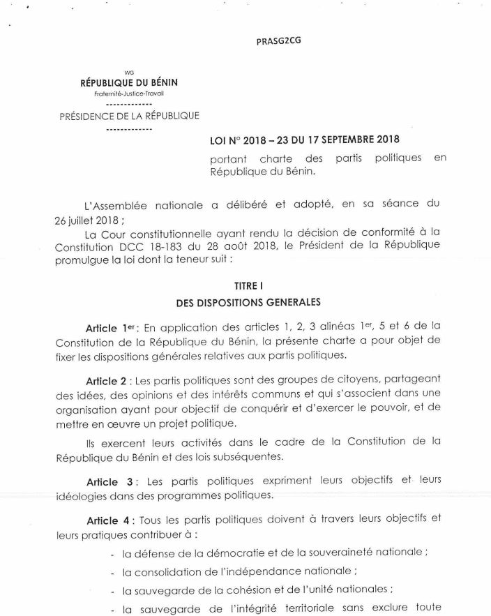Loi 2018-23 du 17 septembre 2018 portant charte des partis politiques au Bénin