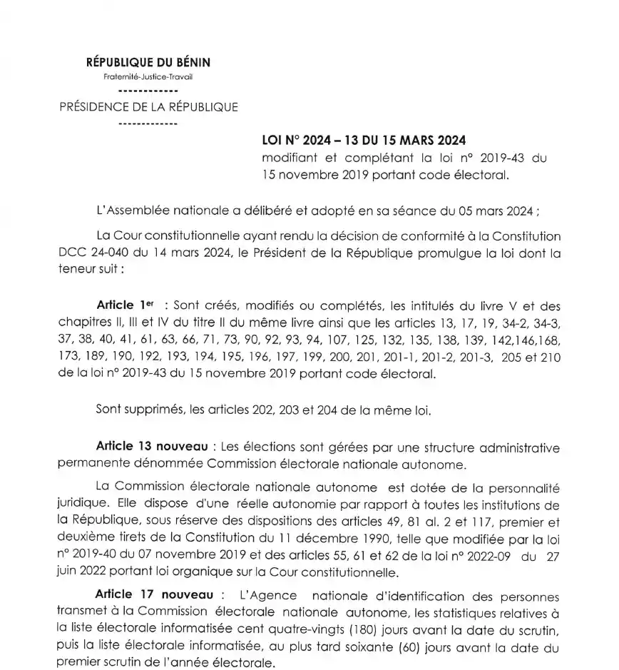 Code électoral du Bénin (Loi n° 2024-13 du 15 mars 2024)