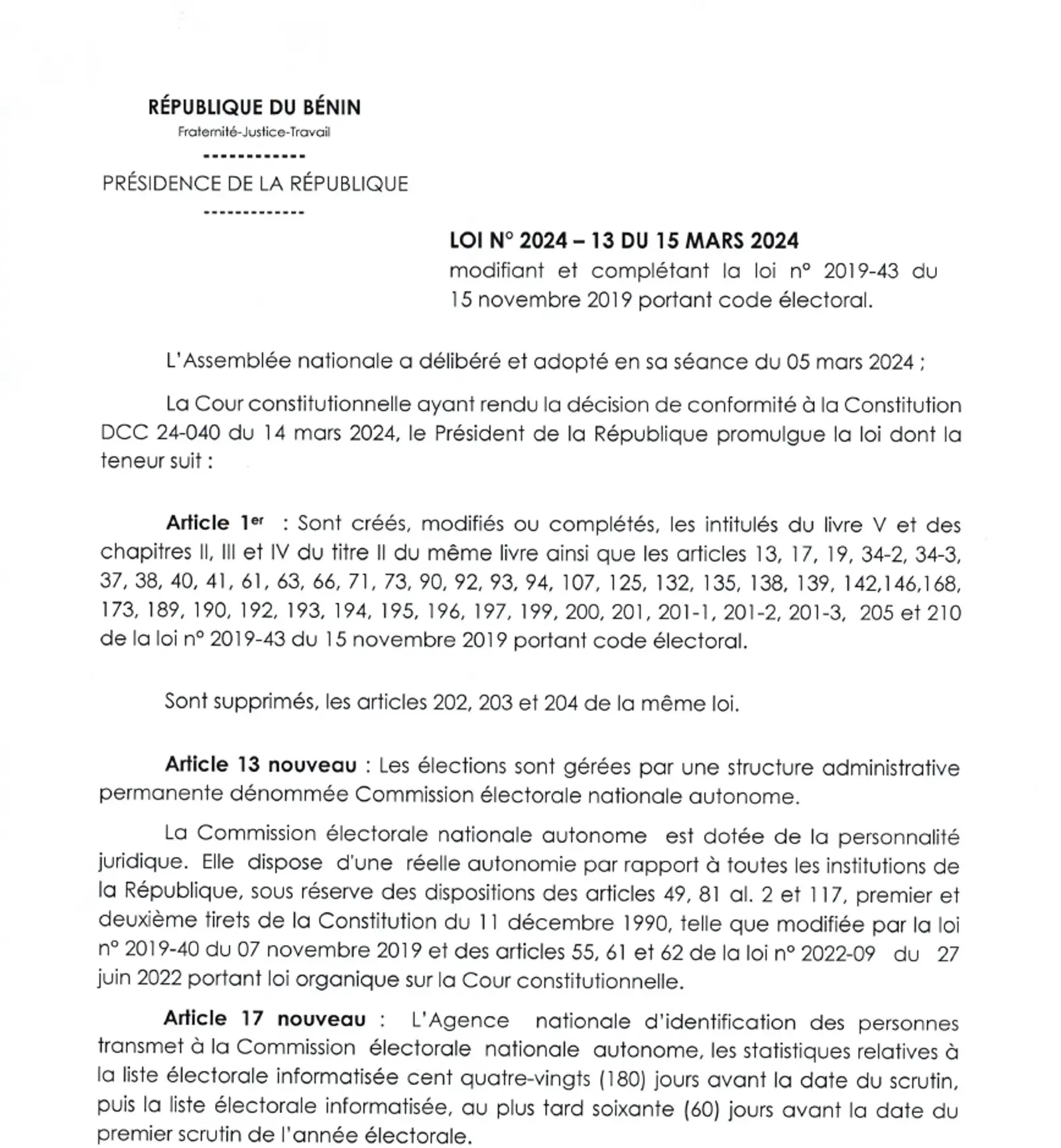 Code électoral du Bénin (Loi n° 2024-13 du 15 mars 2024)