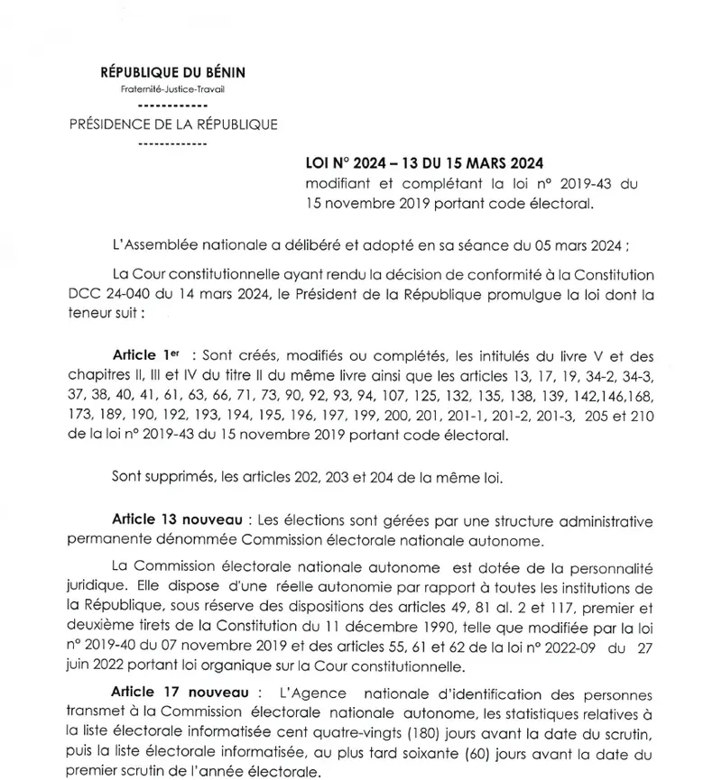 Code électoral du Bénin (Loi n° 2024-13 du 15 mars 2024)