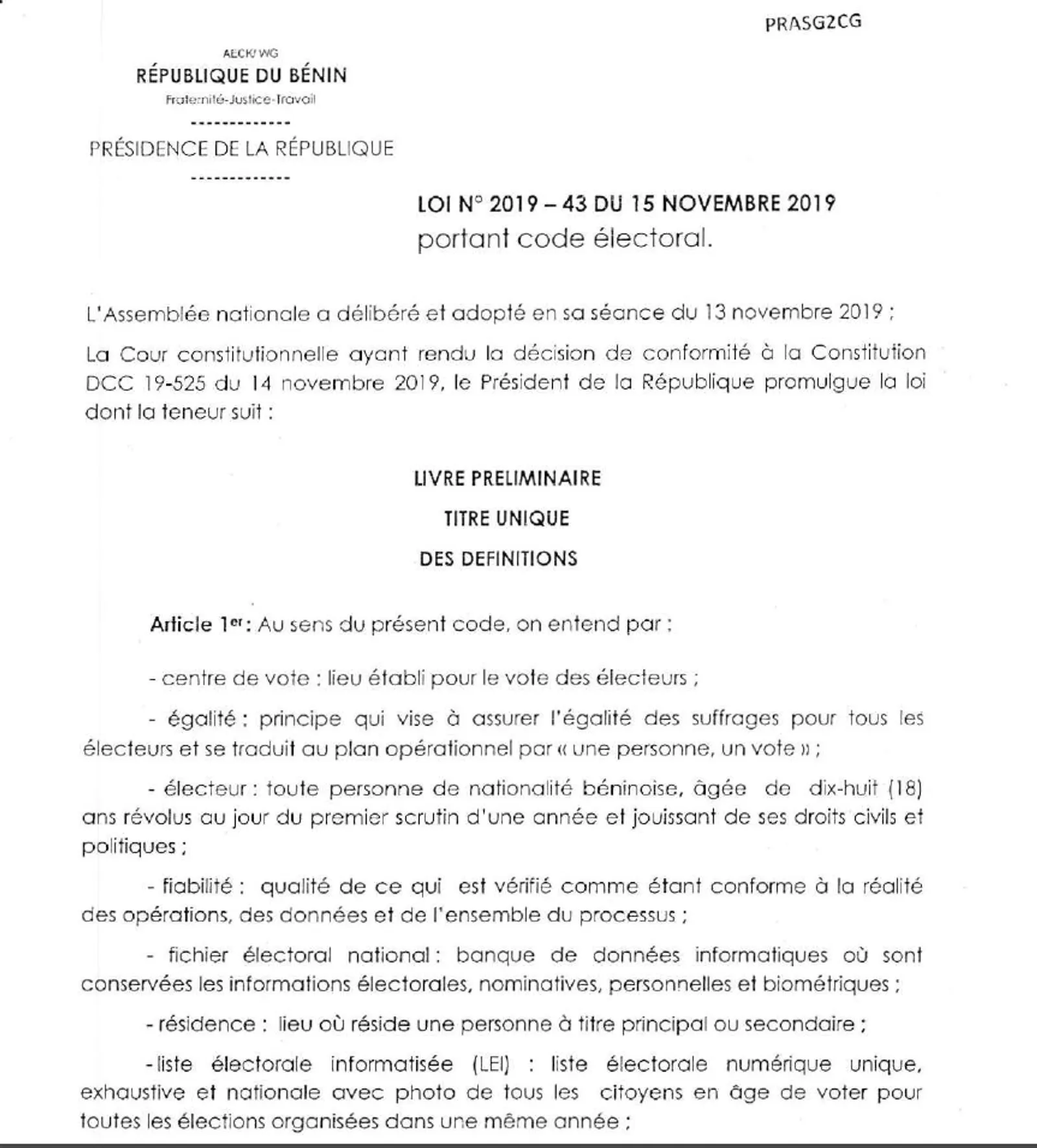 Loi N° 2019-43 du 15 novembre 2019 portant code électoral
